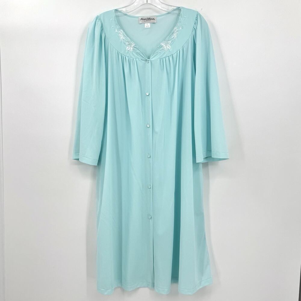 Miss Elaine Nylon Robe Sz Large Aqua Blue Button Front Housecoat Cottagecore VTG